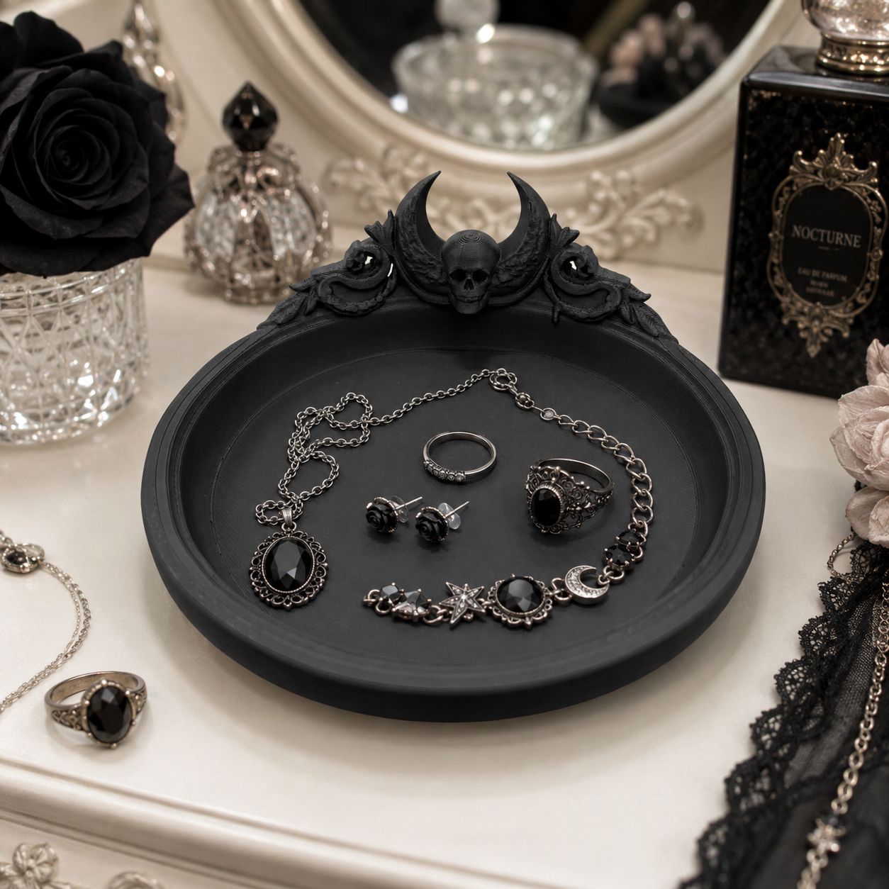 Gothic Crescent Moon Skull Jewelry Dish