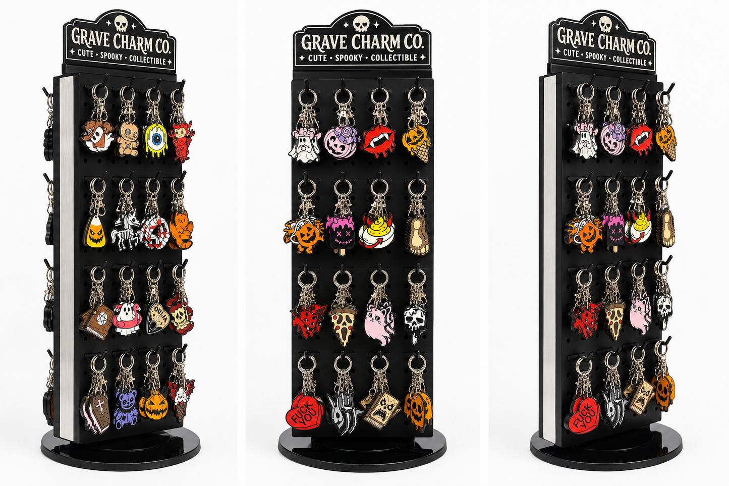 Double-Sided Rotating Grave Charm Display Rack – 32 Styles / 128 Keychains