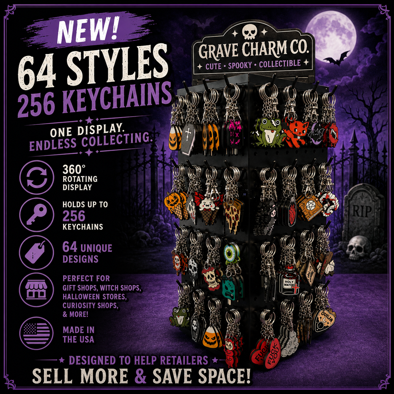 64 Keychain Styles! Rotating Counter Display Bundle 256 keychains